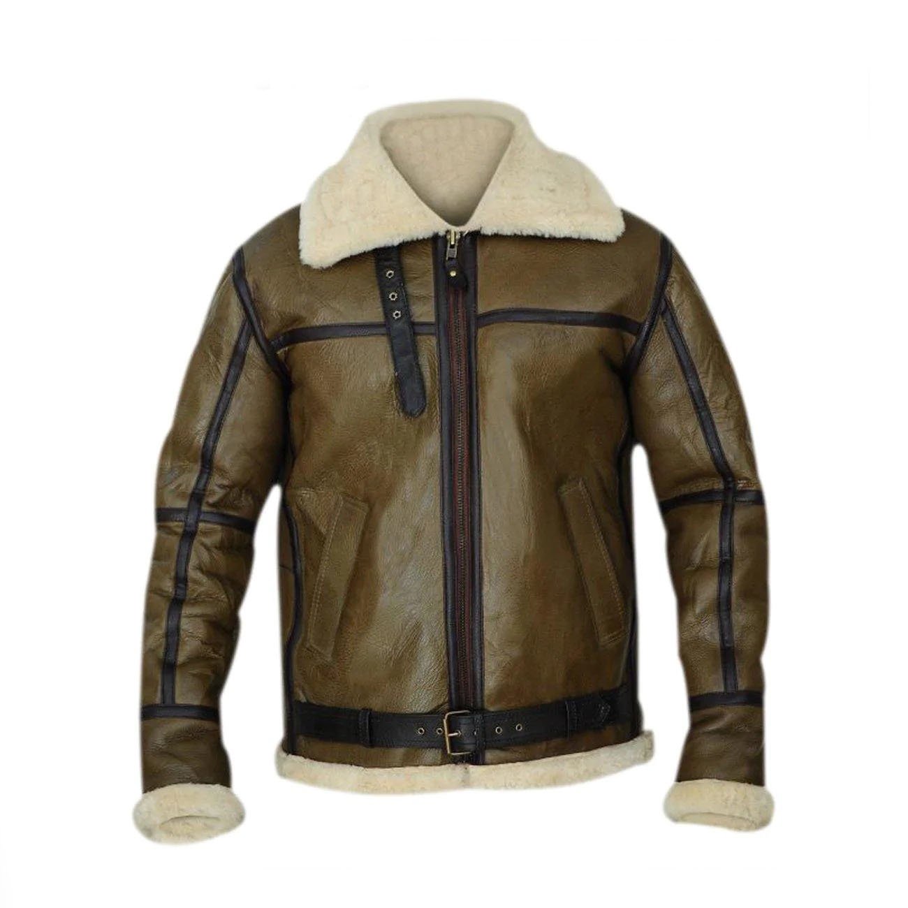 Army greenish Army Greenish Brown Shearling Leather Jacket - Image 1