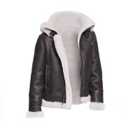 Men Black Shearling Leather Jacket With Hoodie