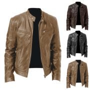 Mens Retro Leather Jacket Motorcycle Stand Collar Biker Coat Zip Up Outwear Top - Image 2