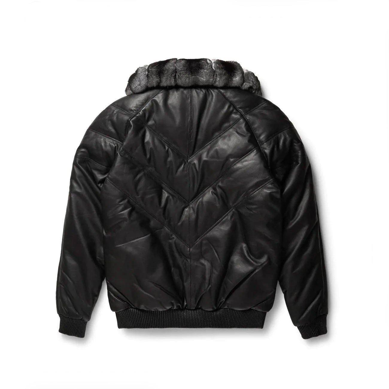 Black Leather Chinchilla Collar V Bomber Jacket backside Black Leather Chinchilla Collar V Bomber Jacket back side