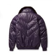 Stylish Look Purple Leather V Bomber Jacket - Image 2