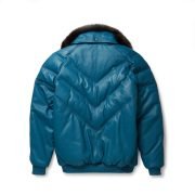 Real Quality Fur Teal Leather V Bomber Jacket - Image 2