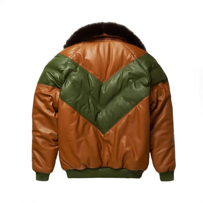 Brown-Green Leather Two Tone V Bomber Leather Jacket