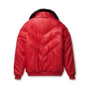 Red Real Qualilty Shearling Men's V Bomber Leather Jacket - Image 2