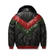 Two Tone Red and Green Latest Design Men's V Bomber Leather Jacket - Image 2