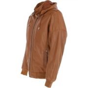 Men's Biker Bomber Style Tan Real Sheepskin Leather Hoodie Motorcycle Jacket - Image 2