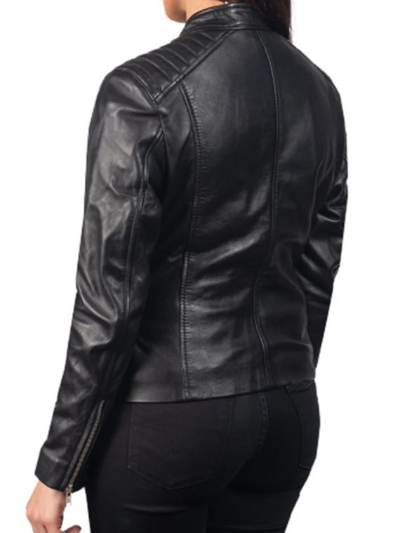 Women Black Biker Sheepskin Leather Shoulder Style Jacket