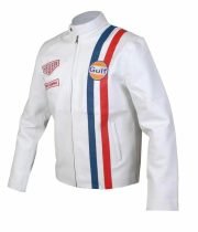 Steve McQueen White Le Mans Gulf Racing Style Leather Jacket with Stripes