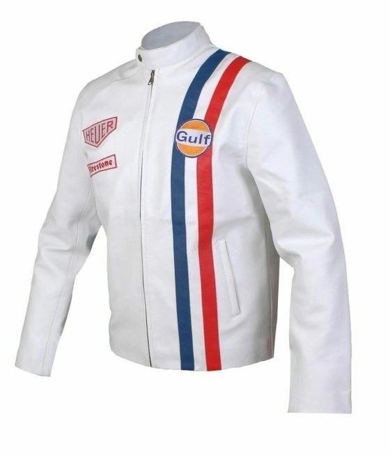 Steve McQueen White Le Mans Gulf Racing Style Leather Jacket with Stripes