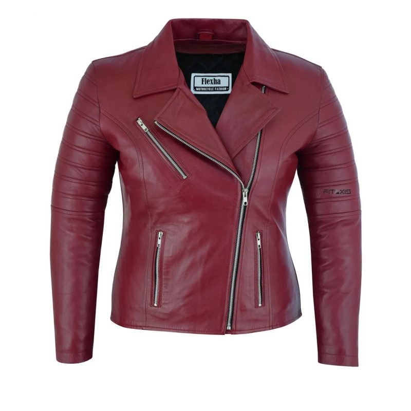 Dark Pink Women's Genuine Leather Biker Jacket - Casual Motorcycle Style