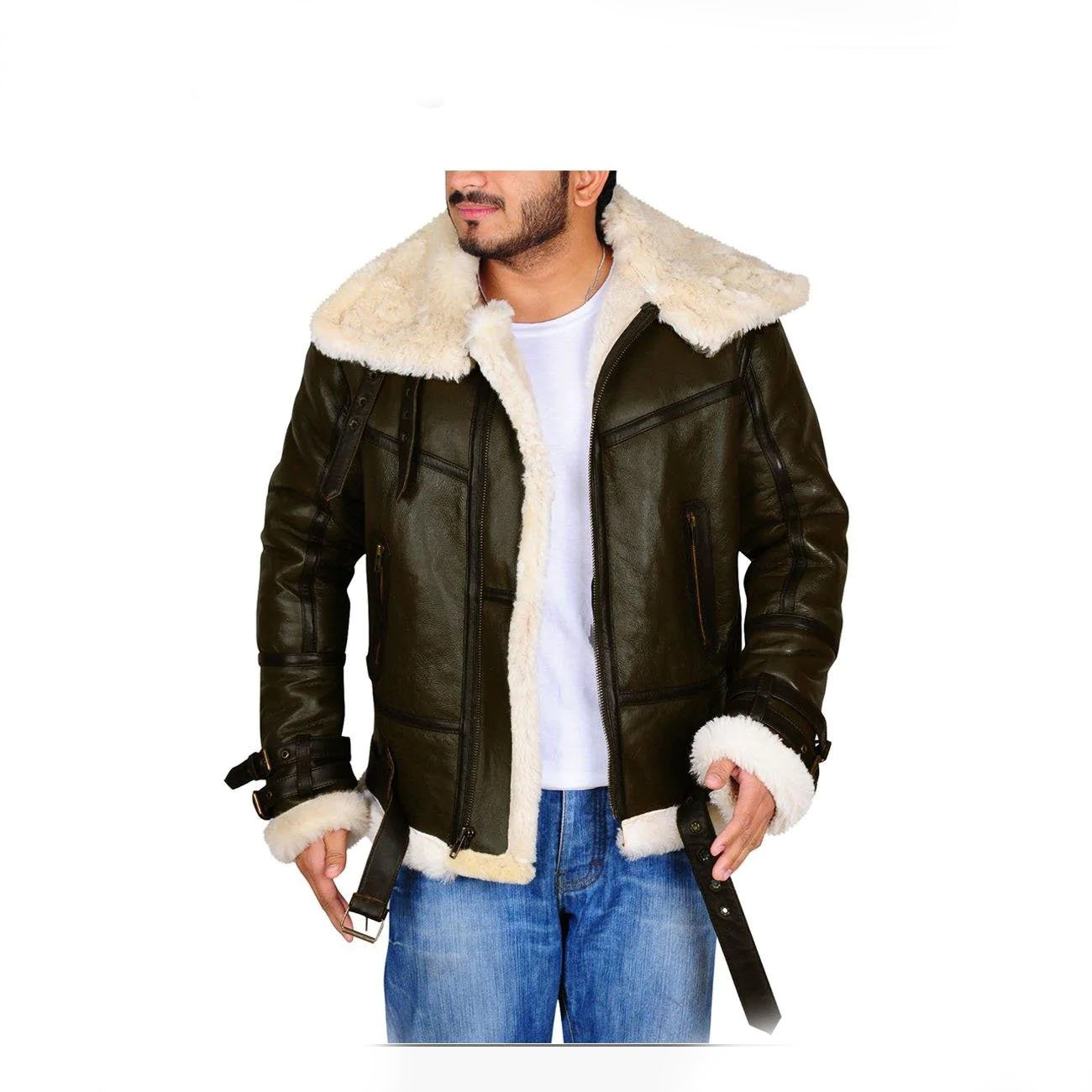 2 Dark Brown Men B3 Bomber Shearling Leather Jacket - Image 2