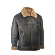 Men Black Aviator Leather Shearling Jacket - Image 2