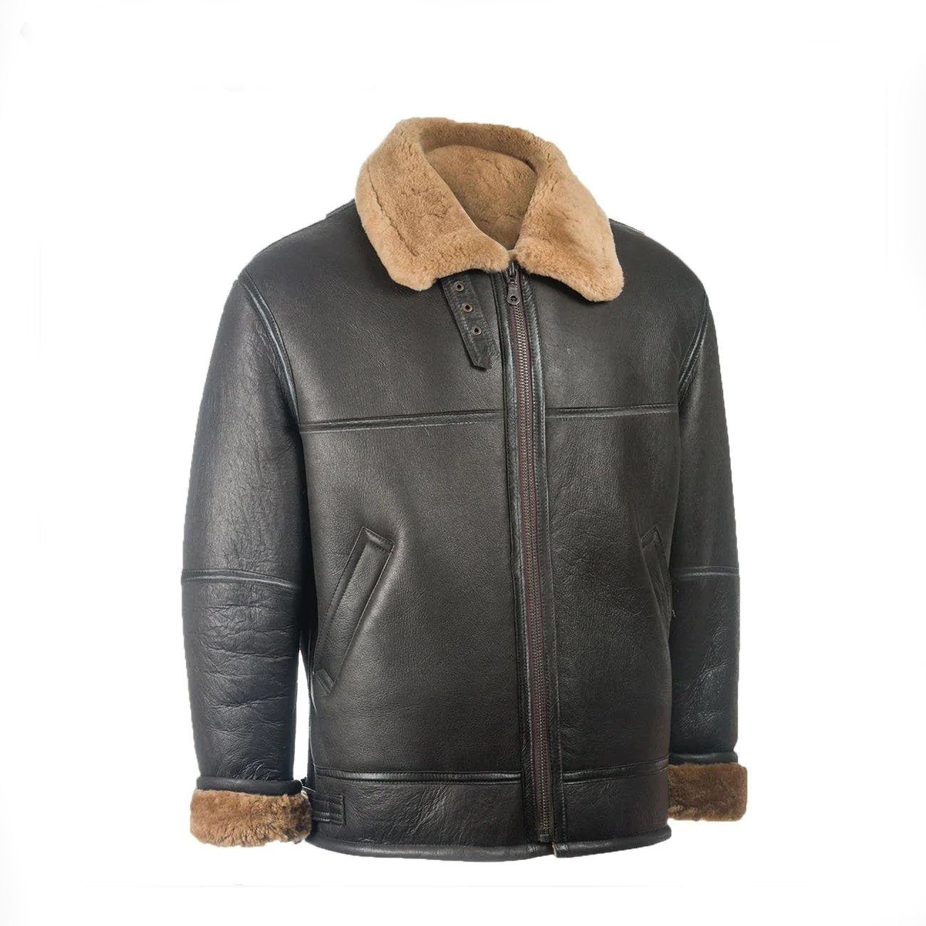 2 Men Black Aviator Leather Shearling Jacket - Image 2