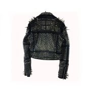 Handmade Women's Black Fashion Long Studded Punk Style Leather Jacket - Image 2