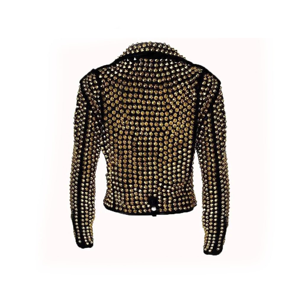 2 Handmade Women's Black Fashion Golden Studded Punk Style Leather Jacket - Image 2