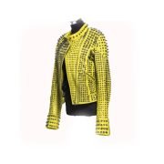 New Handmade Women's Yellow Fashion Studded Punk Style Leather Jacket - Image 2