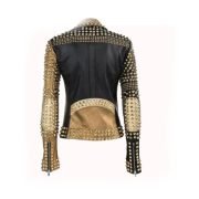 Handmade Womens Fashion Golden Studded Punk Style Leather Jacket - Image 2