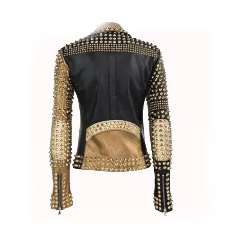 2 Handmade Womens Fashion Golden Studded Punk Style Leather Jacket - Image 2