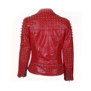 Handmade Womens Red Fashion Studded Punk Style Leather Jacket - Image 2