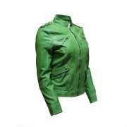 Ladies Classic Apple Green Nappa Leather Multi Pocket Fitted Rock Biker Jacket - Image 2