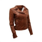 Ladies Coniac Tan Vintage Brando 100% Leather Biker Jacket - Image 2