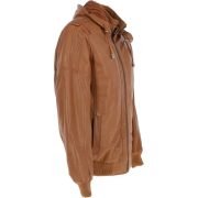 Men's Biker Bomber Style Tan Real Sheepskin Leather Hoodie Motorcycle Jacket - Image 3