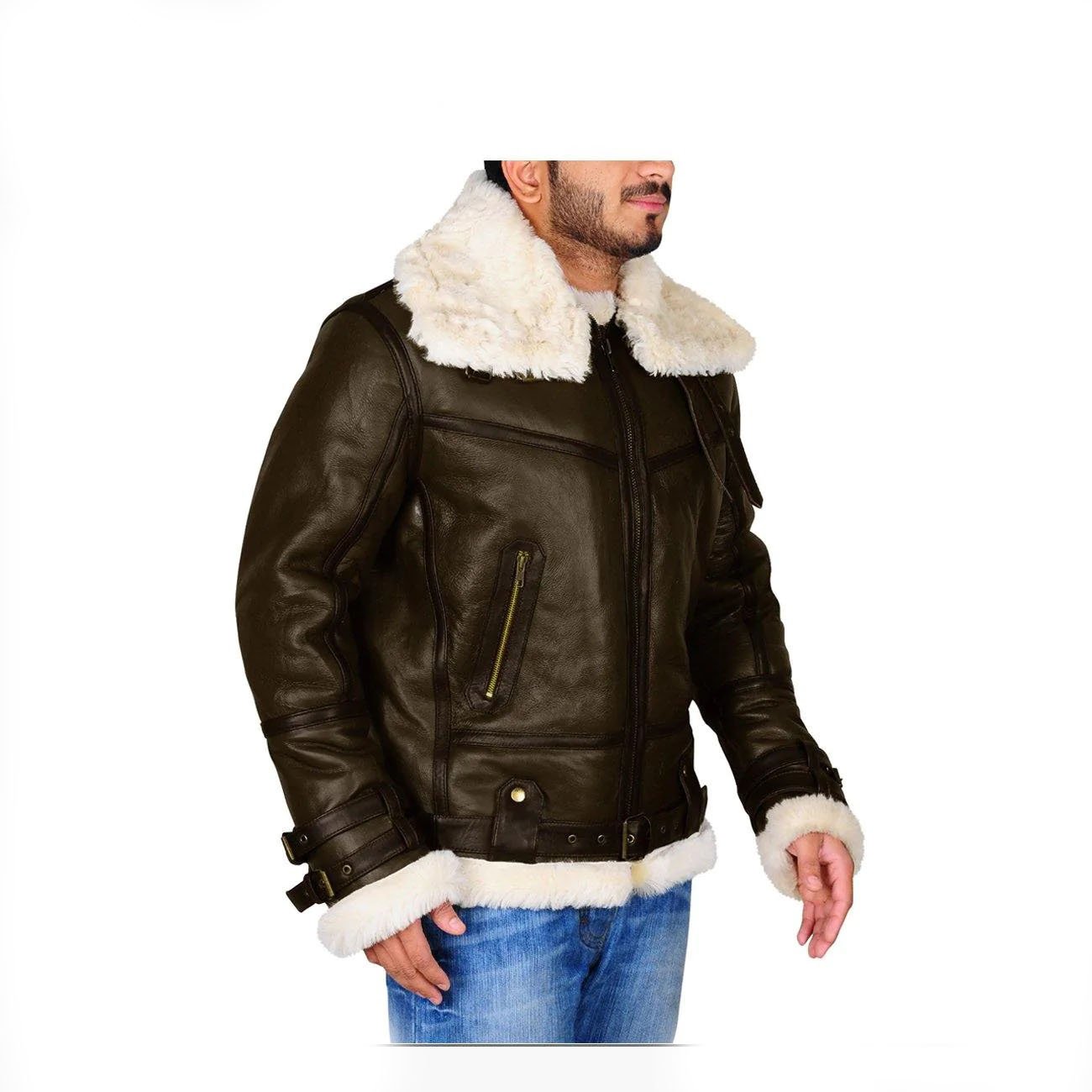3 Dark Brown Men B3 Bomber Shearling Leather Jacket - Image 3