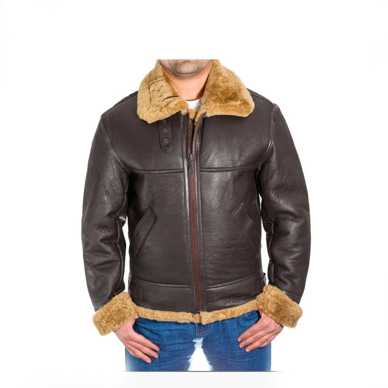 3 Men B3 Bomber RAF Leather Shearling Jacket - Image 3