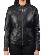 Women Black Biker Sheepskin Leather Shoulder Style Jacket - Image 2