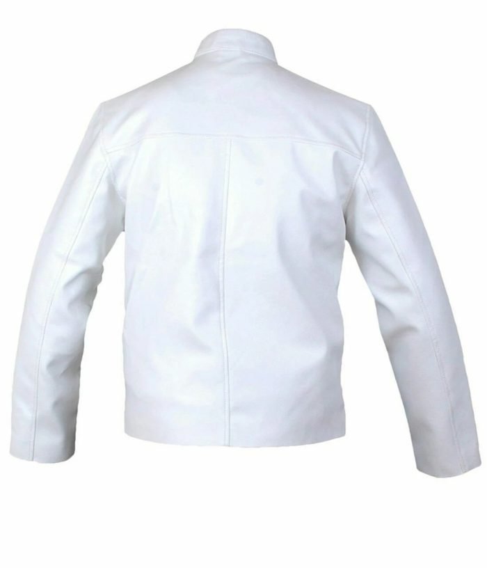 Steve McQueen White Le Mans Gulf Racing Style Leather Jacket with Stripes - Image 2