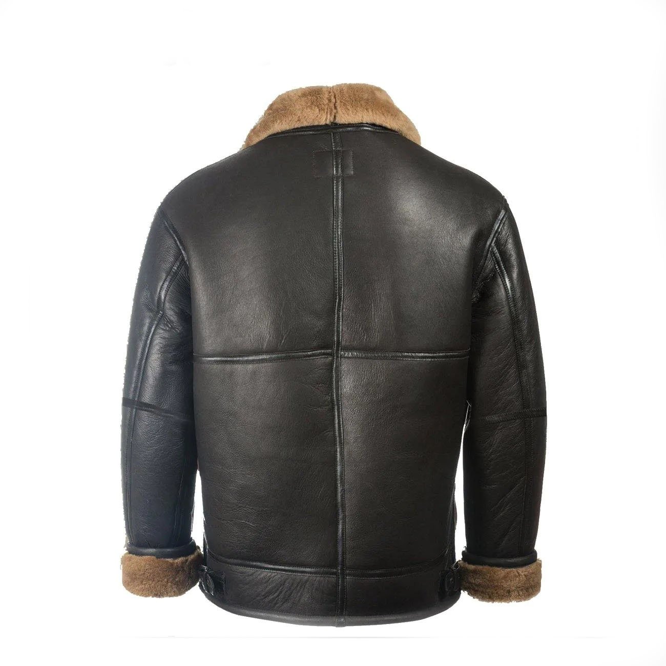 3 Men Black Aviator Leather Shearling Jacket - Image 3