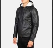 Men's Black Leather Hoode Jacket Baston Sheepskin Leather Bomber Jacket - Image 2