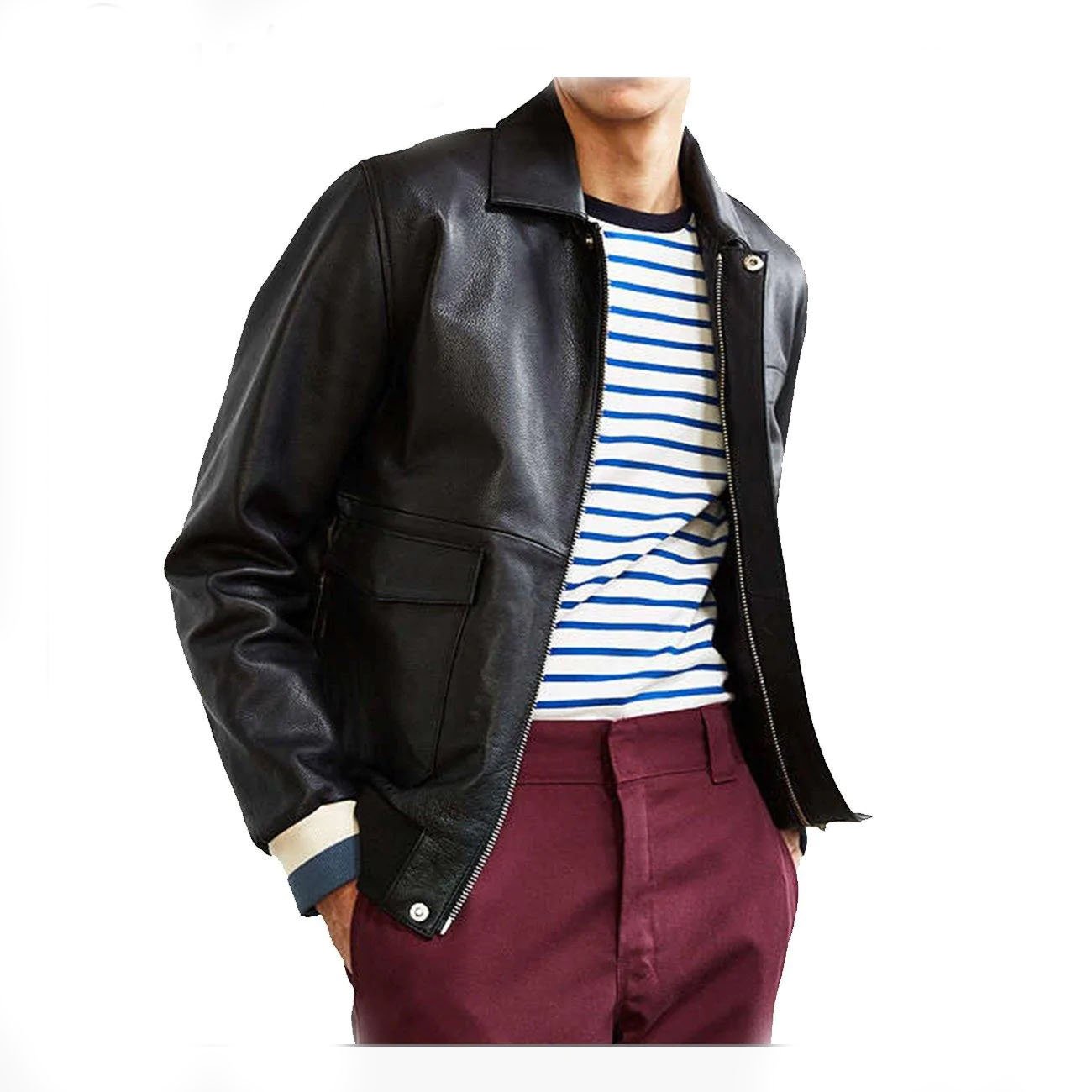 3 Black Shirt Style Leather Bomber Jacket - Image 2