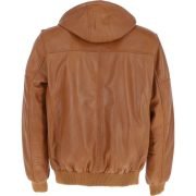 Men's Biker Bomber Style Tan Real Sheepskin Leather Hoodie Motorcycle Jacket - Image 4