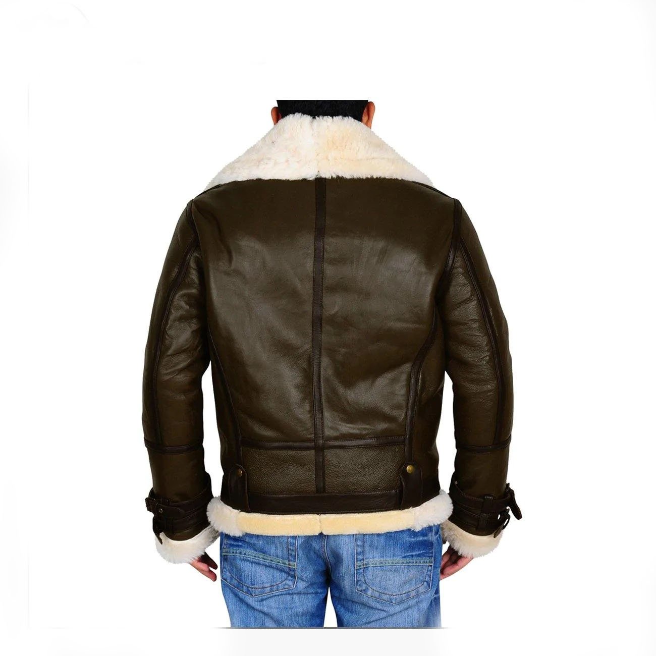 4 Dark Brown Men B3 Bomber Shearling Leather Jacket - Image 4