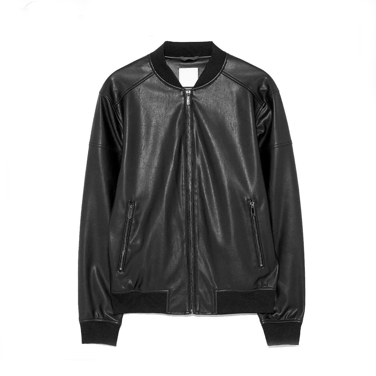 6 Black Genuine Leather Bomber Jacket - Image 1