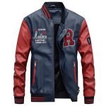 Mens Embroidery Baseball PU Faux Leather Jacket