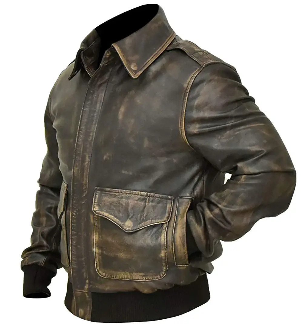 A2 Aviator Distressed Cowhide Leather Bomber Aviator Flight Jacket side A2 Aviator Distressed Cowhide Leather Bomber Aviator Flight Jacket side