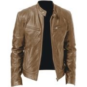 Mens Retro Leather Jacket Motorcycle Stand Collar Biker Coat Zip Up Outwear Top - Image 4