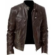 Mens Retro Leather Jacket Motorcycle Stand Collar Biker Coat Zip Up Outwear Top - Image 6