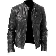 Mens Retro Leather Jacket Motorcycle Stand Collar Biker Coat Zip Up Outwear Top - Image 7