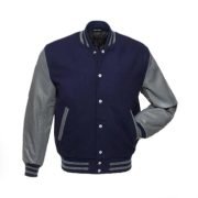 Dark Blue Wool Varsity Jacket With Dark Grey Leather Sleeves