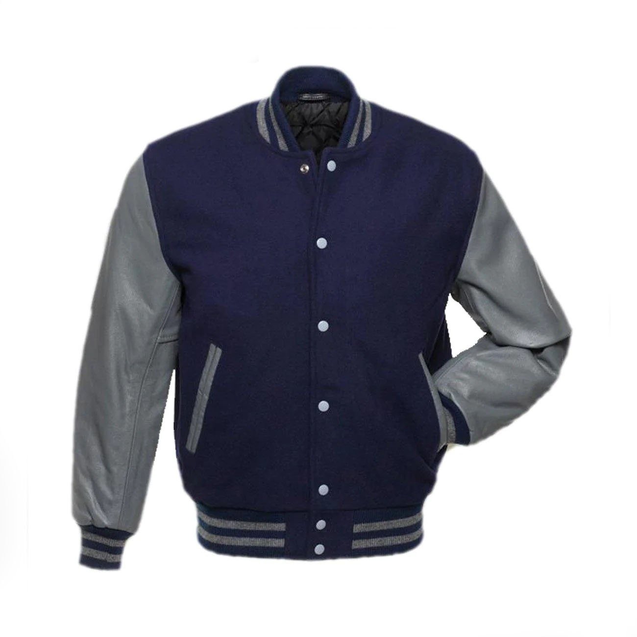 1-163.jpg Dark Blue Wool Varsity Jacket With Dark Grey Leather Sleeves - Image 1