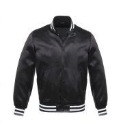 Black Bomber Style Satin Varsity Jacket With White Stripes