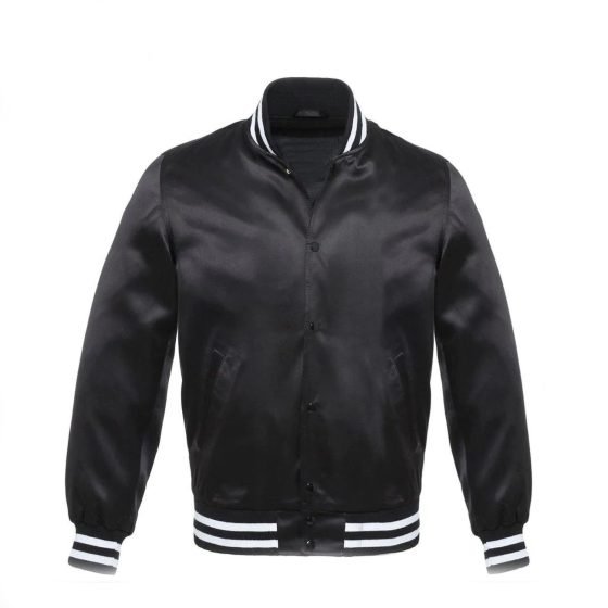 Black Bomber Style Satin Varsity Jacket With White Stripes