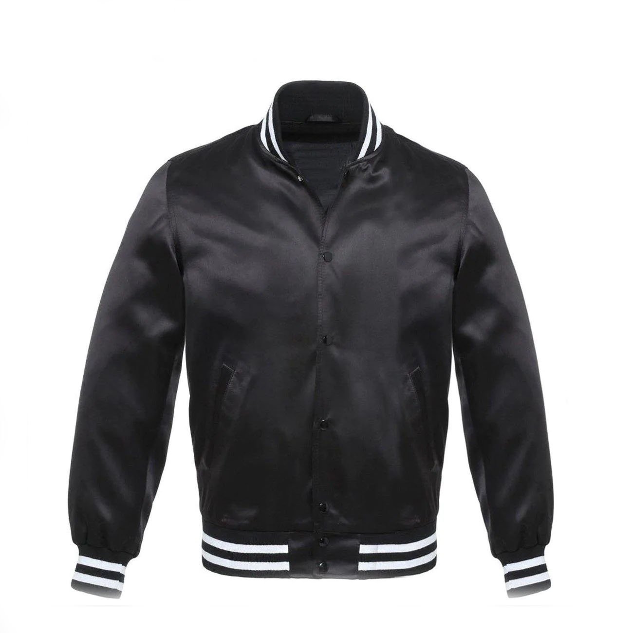 1-164.jpg Black Bomber Style Satin Varsity Jacket With White Stripes - Image 1