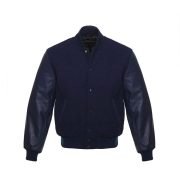 Navy Blue Wool Varsity Jacket With Blue Leather Sleeves