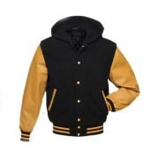 Black Wool Hoodie Varsity Jacket With Yellow Sleeves