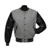 Grey Wool Varsity Jacket With Black Leather Sleeves