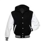 Black Hoodie Varsity Jacket With White Leather Sleeves